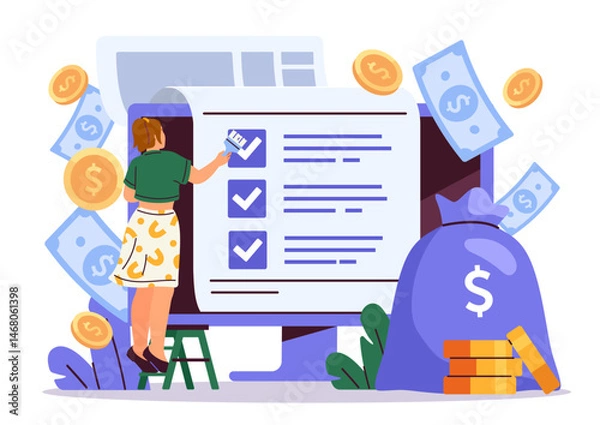 Fototapeta Woman completing financial checklist on large screen, surrounded by coins and bills, flat style on white background. Concept of budgeting and finance. Vector illustration