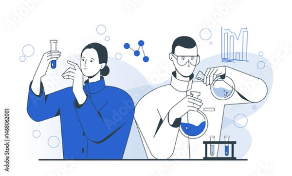 Fototapeta Two scientists analyzing chemical substances with lab glassware in a modern flat style on a white background, concept of scientific research. Vector illustration
