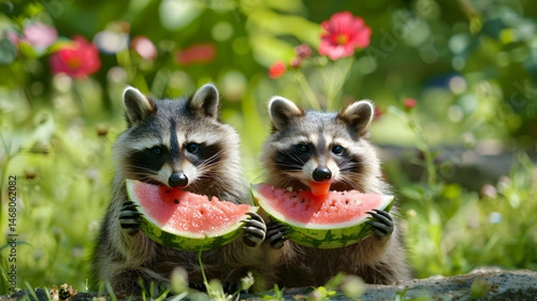 Fototapeta Two raccoons eating a watermelon, the basis for a calendar