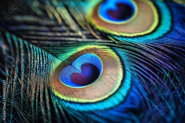 Fototapeta Vibrant close-up of a peacock feather revealing astonishing colors and heart-like patterns amidst nature's intricate beauty