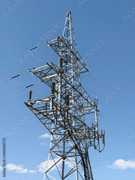 Fototapeta power line tower on the background of the blue sky