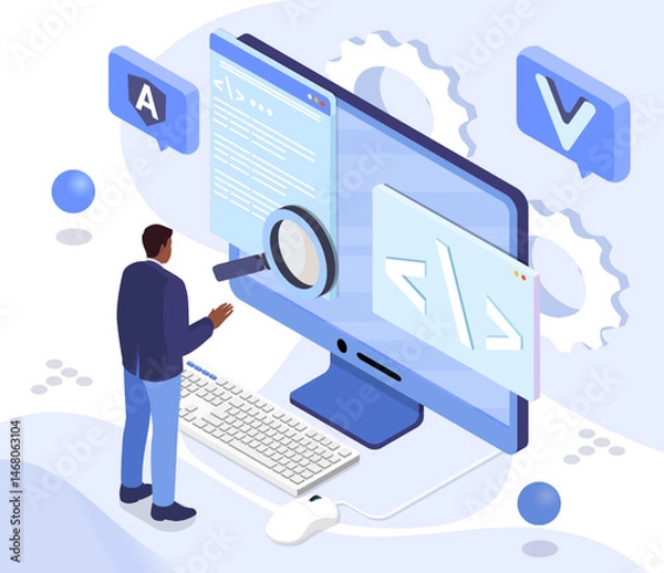 Obraz Software developer standing in front of large computer screen displaying code with magnifying glass, gear icons in flat style. Concept of coding, software development. Vector illustration