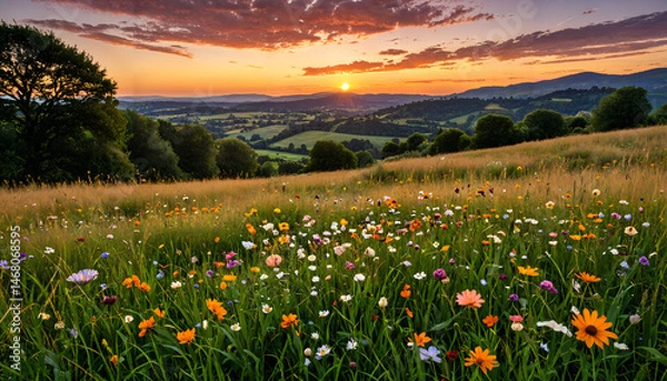 Fototapeta Le coucher du soleil dans un champ de fleurs colorées