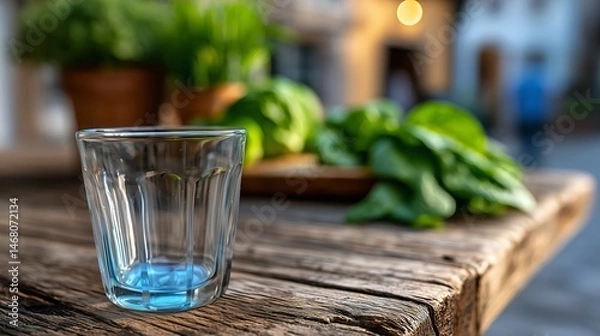 Obraz Close-up of a blue glass cup resting on aged wood with out-of-focus leafy greens. AI generative image.