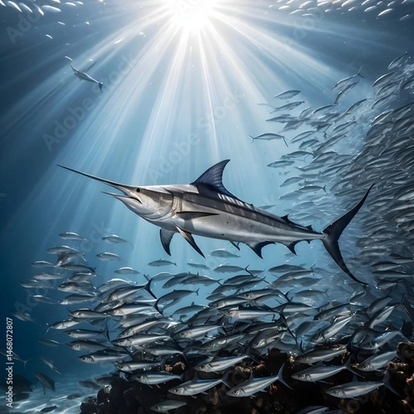 Obraz Sailfish and Baitfish School in Sunbeams