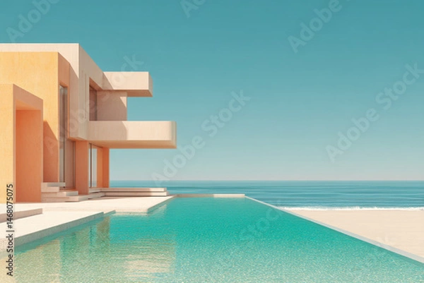 Fototapeta Modern house with infinity pool overlooking ocean, showcasing minimalist architecture and tranquil seaside living, ideal for luxury real estate or travel advertising