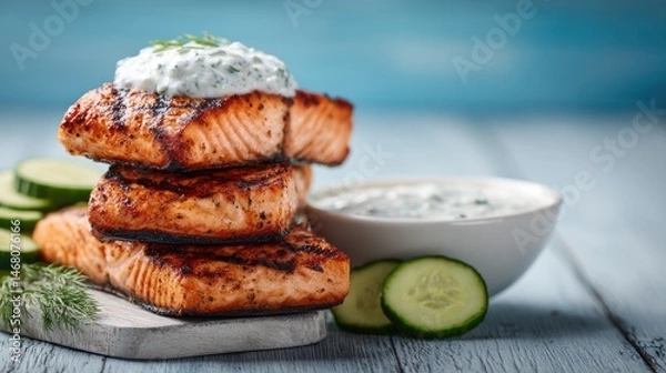 Obraz Grilled Salmon Stack Tzatziki Dream on Blue.