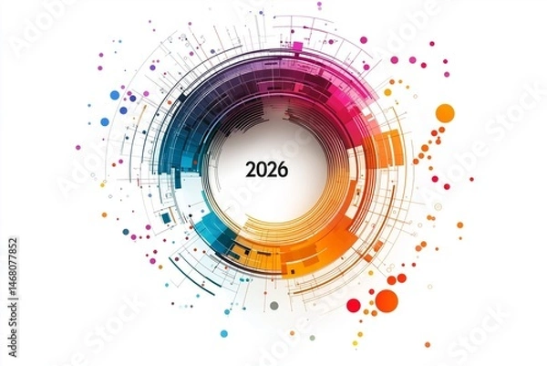 Fototapeta Tech-style cityscape circle artwork with year 2026 in center symbolizing digital urban future and innovative abstract architecture, Generative AI
