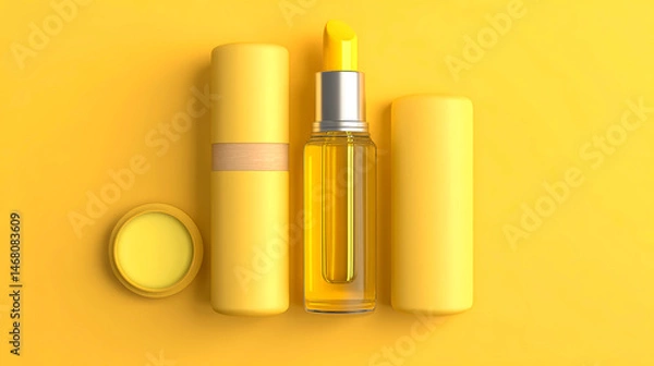 Obraz Yellow Lip Balm and Face Oil Bottles on Yellow Background