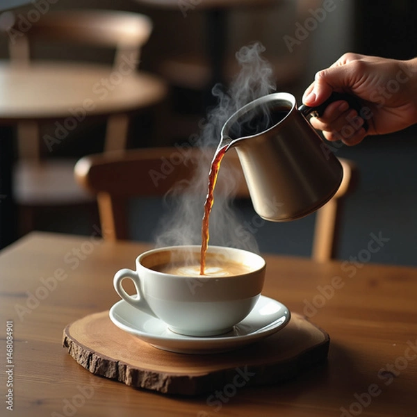 Fototapeta image of hot black coffee being poured from a pot into a cup of coffee with white smoke still visible on top
