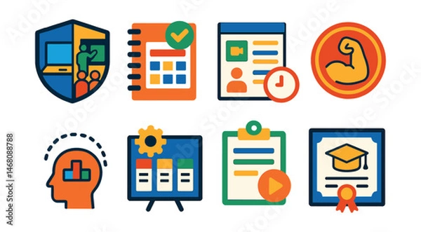 Fototapeta Flat vector icons of hybrid and flexible education: hybrid classroom model badge, blended learning planner, online and in-person class schedule, flexible study hours badge, customized learning