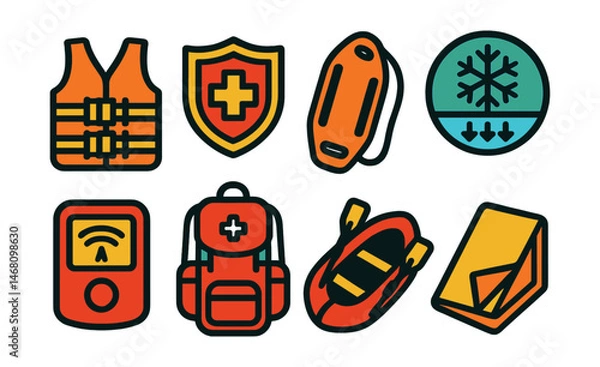 Fototapeta Flat vector icons of water and snow safety: life vest icon, lifeguard badge, rescue tube float, ice thickness safety badge, avalanche beacon device, mountain rescue backpack, water rescue boat,