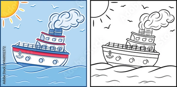 Fototapeta cartoon ship coloring page full color and sketch outline for easy drawing and coloring practice