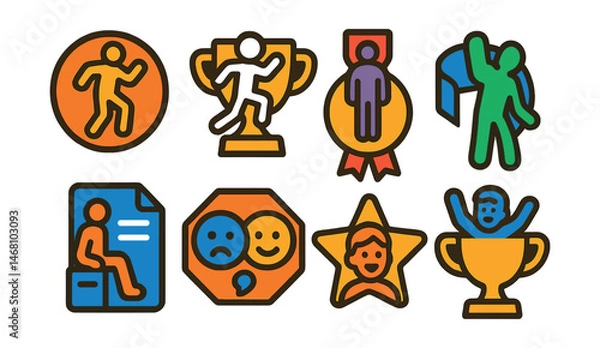 Fototapeta Flat vector icons of animated avatar features: avatar dance move badge, running and walking loop trophy, idle pose options medal, waving gesture icon ribbon, sitting animation list icon, interaction