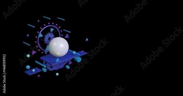Fototapeta White sphere on a pedestal of abstract geometric shapes floating in the air. Abstract concept art with flying shapes on the left. 3d illustration on black background