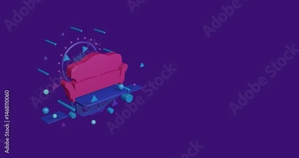 Fototapeta Pink sofa symbol on a pedestal of abstract geometric shapes floating in the air. Abstract concept art with flying shapes on the left. 3d illustration on deep purple background