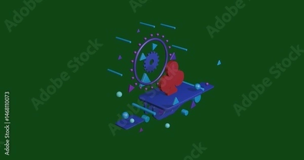 Fototapeta Red club on a pedestal of abstract geometric shapes floating in the air. Abstract concept art with flying shapes in the center. 3d illustration on green background