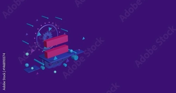 Fototapeta Pink equals symbol on a pedestal of abstract geometric shapes floating in the air. Abstract concept art with flying shapes on the left. 3d illustration on deep purple background