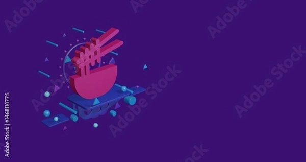 Fototapeta Pink noodle symbol on a pedestal of abstract geometric shapes floating in the air. Abstract concept art with flying shapes on the left. 3d illustration on deep purple background