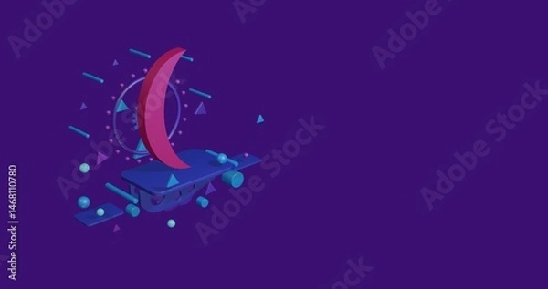 Fototapeta Pink crescent symbol on a pedestal of abstract geometric shapes floating in the air. Abstract concept art with flying shapes on the left. 3d illustration on deep purple background
