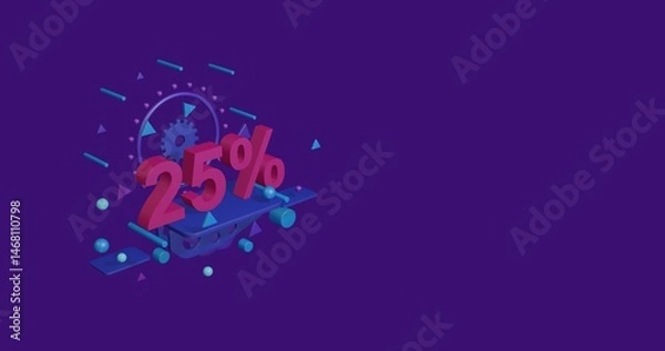 Fototapeta Pink 25 percent symbol on a pedestal of abstract geometric shapes floating in the air. Abstract concept art with flying shapes on the left. 3d illustration on deep purple background