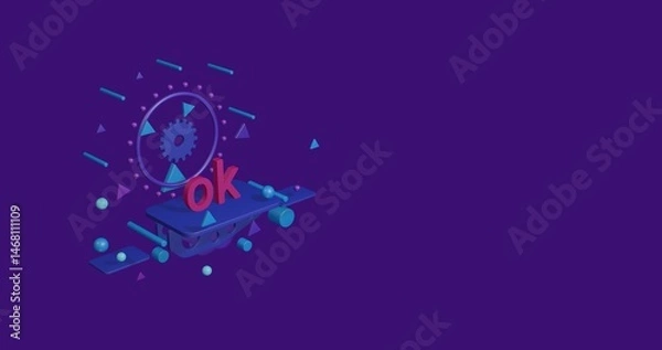Fototapeta Pink ok symbol on a pedestal of abstract geometric shapes floating in the air. Abstract concept art with flying shapes on the left. 3d illustration on deep purple background