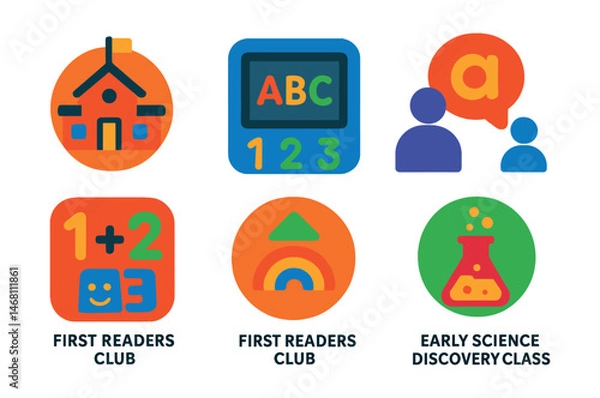 Fototapeta Flat vector icons of early childhood education: pre-school learning center badge, ABC learning app, kindergarten math basics, phonics learning program, creative play learning badge, first readers
