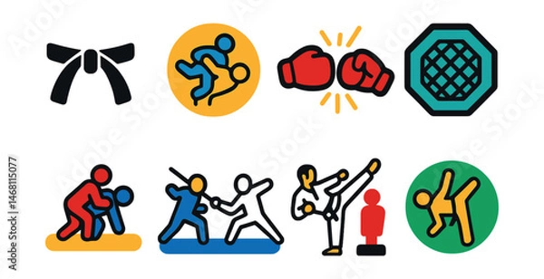 Obraz Flat vector icons of martial arts and combat sports: karate belt icon, judo throw badge, boxing gloves punch, MMA octagon badge, wrestling takedown icon, fencing match scene, taekwondo high kick,