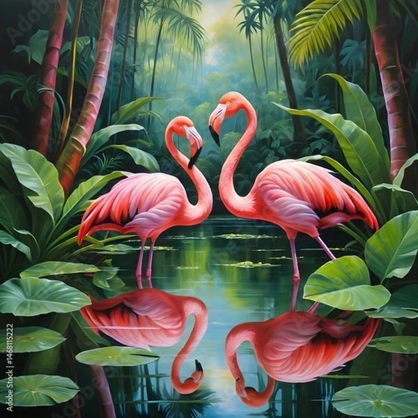 Obraz Romantic Flamingo Couple in Tropical Paradise
