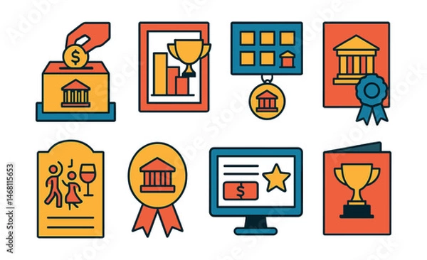 Obraz Flat vector icons of museum fundraising: donation box at counter badge, membership tier chart trophy, legacy donor wall medal, capital campaign poster ribbon, annual gala invite icon, sponsor plaque