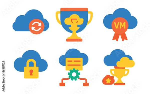 Obraz Flat vector icons of cloud computing: cloud with sync arrows badge, SaaS window trophy, cloud upload and download medal, virtual machine symbol ribbon, cloud storage lock icon, elastic server badge,