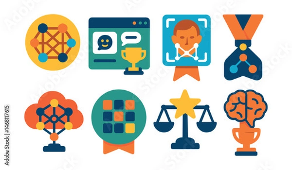 Fototapeta Flat vector icons of artificial intelligence: neural network diagram badge, AI chatbot window trophy, face recognition grid medal, decision tree flow ribbon, deep learning cloud icon, training