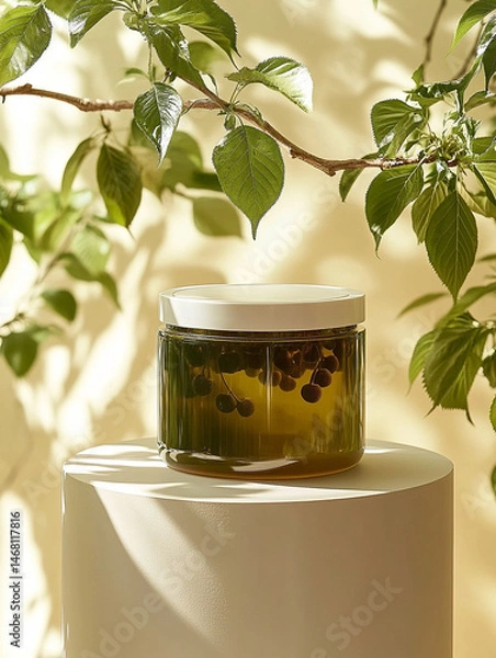 Obraz A product photo of the wide-mouthed plastic jar on top of an all-white podium with green leaves big cherry growing on the trees and a light yellow delicate background.