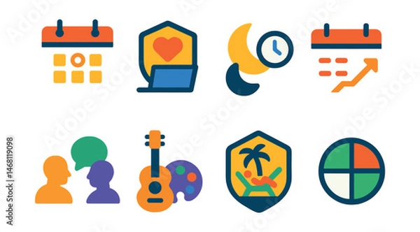 Fototapeta Flat vector icons of work-life balance: calendar block for personal time, remote work wellness badge, breaks and rest reminders, limit overtime plan, social connection activities icon, hobby time