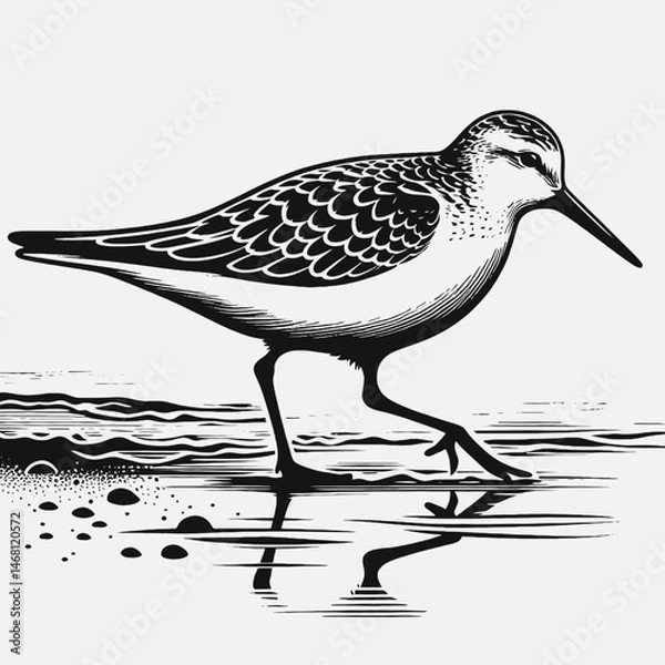 Fototapeta vector silhouette of a snipe bird with long beak, standing in water, minimal flat style, white background