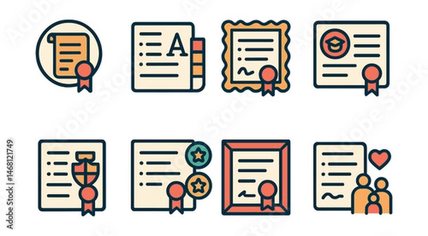 Fototapeta Flat vector icons of customized diplomas: personalized diploma design badge, custom diploma fonts selection, custom diploma border decoration, alumni personalized diploma badge, school crest on