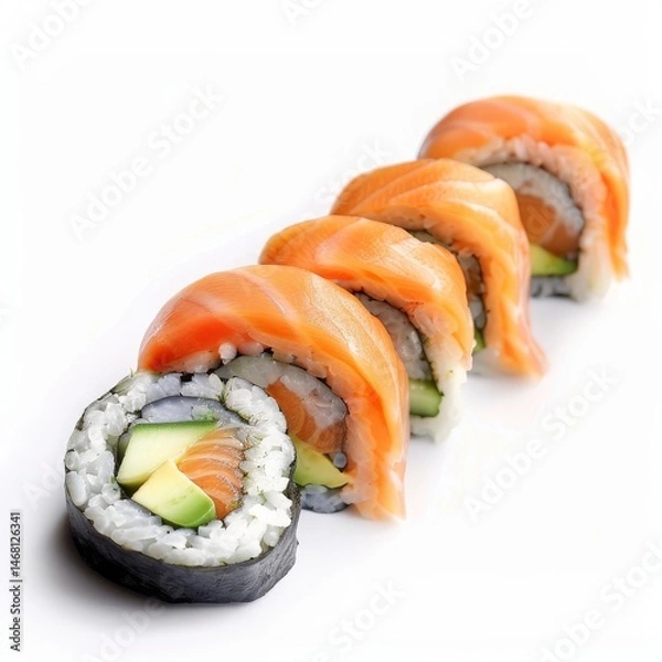 Fototapeta A sushi roll sliced into pieces salmon and avocado isolated on white .