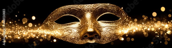 Fototapeta The golden mask hovers silently, its glow the only light in the void