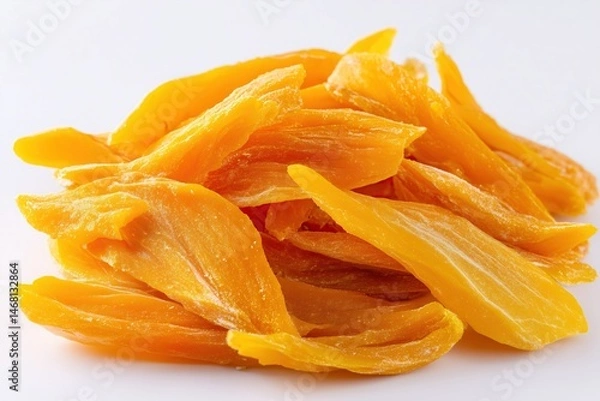 Fototapeta Pile of naturally sweet dried mango slices arranged on plain white surface snack
