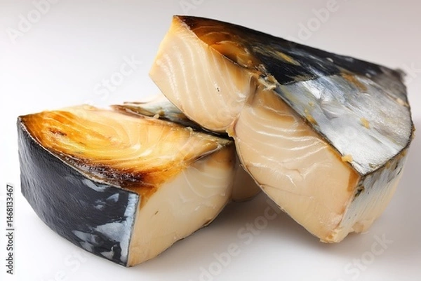 Fototapeta Close up of two slices of grilled fish fish has dark skin and light pink interior