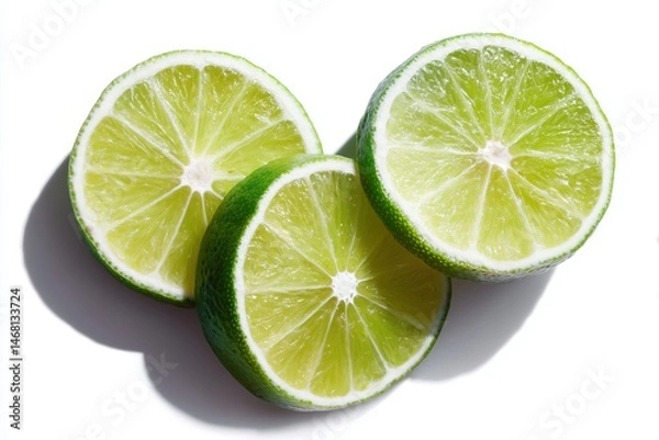 Fototapeta Three vibrant lime slices juicy texture and bright green color casting soft shadow