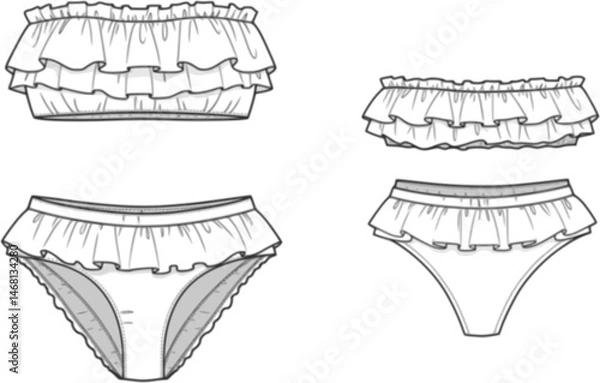 Obraz womens ruffle trim bandeau bikini set strapless tube top two piece swim suit flat sketch vector illustration technical cad drawing template
