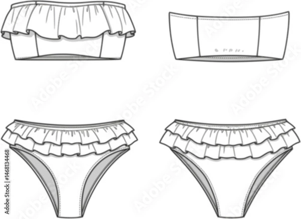 Obraz womens ruffle trim bandeau bikini set strapless tube top two piece swim suit flat sketch vector illustration technical cad drawing template
