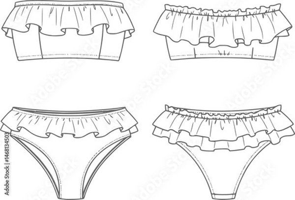 Obraz womens ruffle trim bandeau bikini set strapless tube top two piece swim suit flat sketch vector illustration technical cad drawing template
