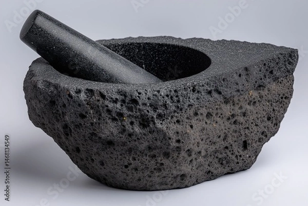 Fototapeta dark textured mortar and pestle set often used for grinding herbs and spices in cooking
