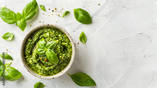 Fototapeta pesto sauce on white background with copy space top view
