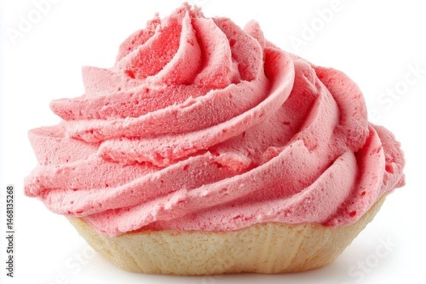 Fototapeta Close up of frosted cupcake with pink frosting swirls isolated against white background Sweet treat