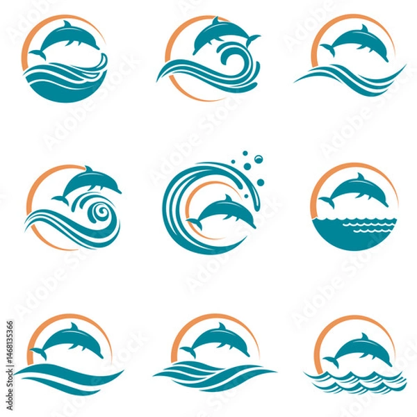 Fototapeta collection with emblem of dolphin and sea wave isolated on white background