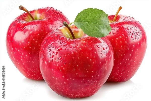 Fototapeta Three vibrant red apples glistening with moisture isolated against crisp white background