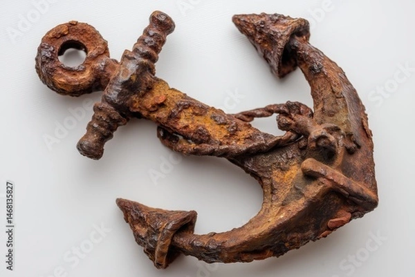 Fototapeta Weathered and aged nautical anchor laying against white backdrop rust coating surface from use